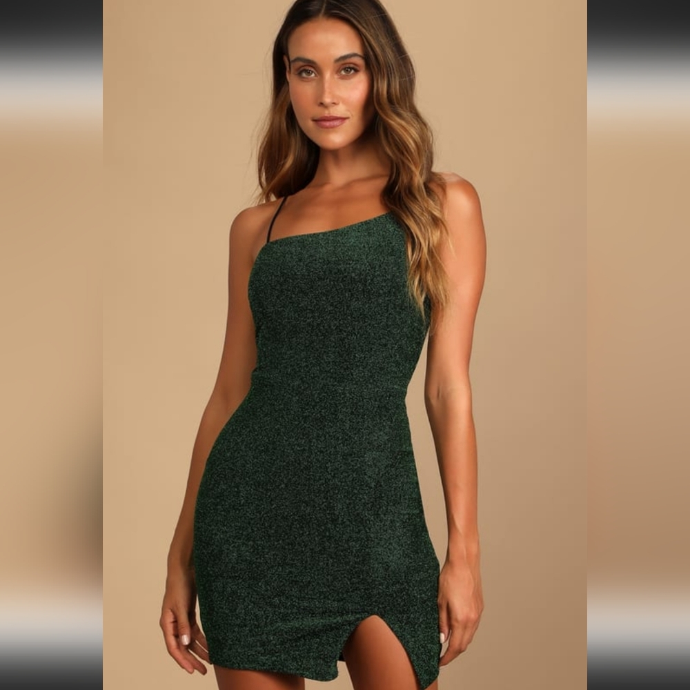 Take Me Anywhere Green Sparkly Asymmetrical Bodycon Mini Dress